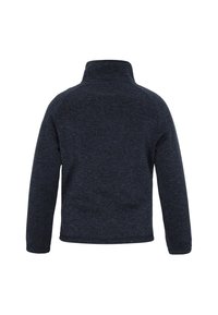 Tengerészkék polár pulóver magas nyaki résszel, hosszú ujjakkal és texturált, melírozott felülettel. Laza szabású, látható záródások nélkül.