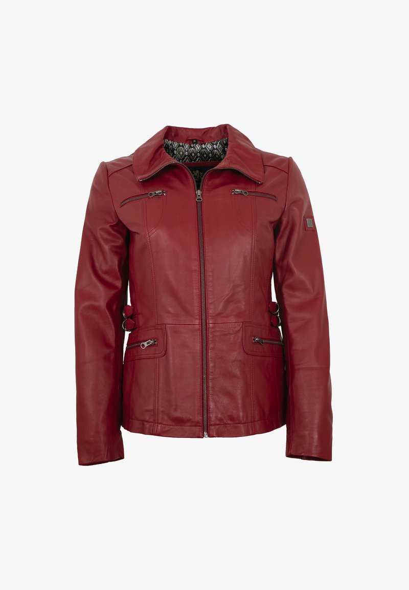 Red leather jacket with a zip closure, two zip pockets, and decorative ring accents at the waist. Features a wide collar and patterned lining.