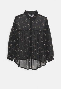 Schwarzes, transparentes Langarmhemd mit einem Blumenmuster in Rosa und Grün, ausgestattet mit einem geknöpften Kragen und einem schichtweisen Design mit A-Linien-Form.