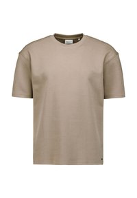Beige t-shirt met korte mouwen van zacht materiaal, met een ronde hals, een relaxed fit en minimale stikdetails.
