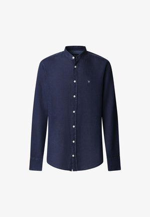 Marine button-up overhemd met een Mandarin-kraag, lange mouwen en witte knopen. Beschikt over een kleine geborduurde logo op de borst. Zacht, gestructureerd materiaal.