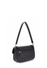 Sac à main noir avec une surface à texture lisse, doté d'une fermeture éclair supérieure, d'une fermeture à pression et d'une bandoulière fine. Motif logo subtil.