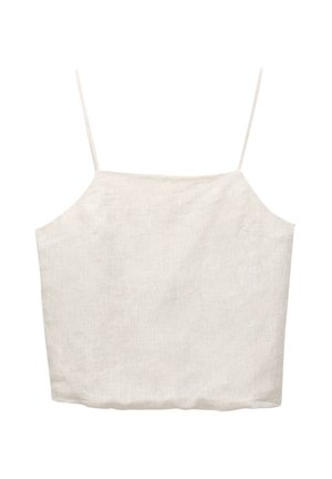White linen crop top with thin adjustable straps, square neckline, and a relaxed fit, featuring a subtle texture throughout.