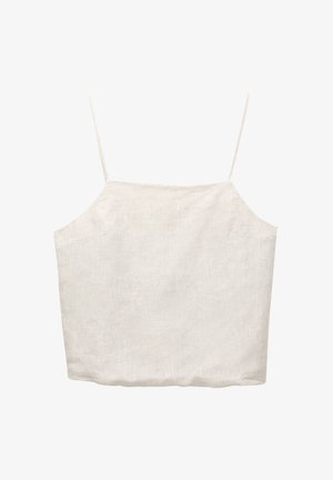 Hvid linned crop top med tynde justerbare stropper, firkantet halsudskæring og en afslappet pasform, der har en subtil tekstur hele vejen igennem.