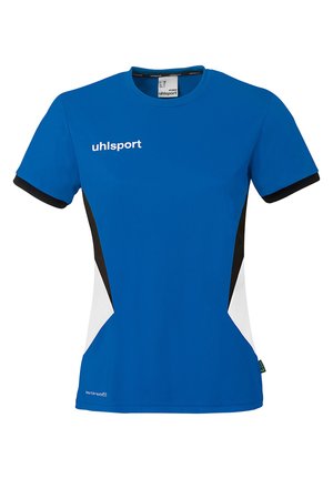 T-shirt de sport bleu à manches courtes avec des panneaux latéraux noirs et blancs, bords de manches noirs, et logo "uhlsport" sur la poitrine.