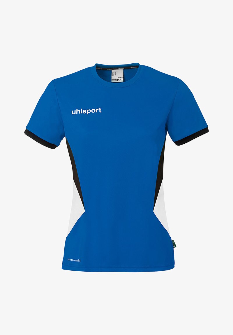 T-shirt de sport bleu à manches courtes avec des panneaux latéraux noirs et blancs, bords de manches noirs, et logo "uhlsport" sur la poitrine.
