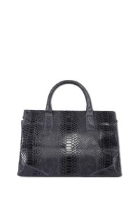 Dark blue snakeskin handbag with textured pattern, dual handles, and a structured shape. Features smooth accents and flat base for stability.