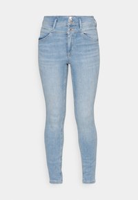 Ljust blå högmidjade skinny jeans i denim, med femknappsstängning, två framfickor och en slät yta.