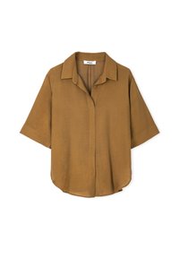 Korte mouw, geknoopte blouse in een warme bruine tint, gemaakt van lichtgewicht materiaal, met een knoopsluiting aan de voorkant en een afgeronde zoom.