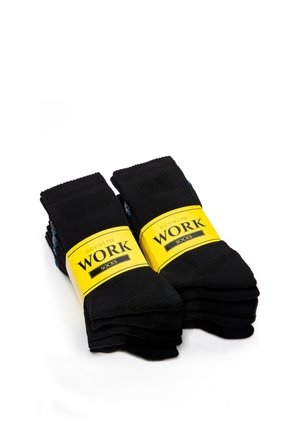Zwei Bündel schwarzer Arbeitssocken, umwickelt mit gelben Etiketten mit der Aufschrift "Occulto Work Socks" auf weißem Hintergrund.