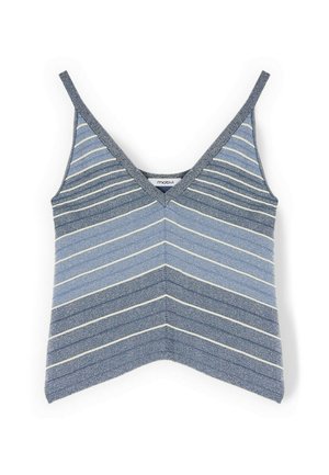 Niebiesko-szary prążkowany dziergany krótki top z cienkimi ramiączkami i dekoltem w serek.