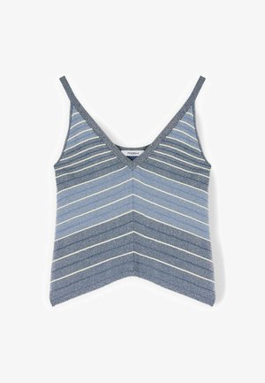 Niebiesko-szary prążkowany dziergany krótki top z cienkimi ramiączkami i dekoltem w serek.