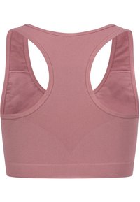 Mauve Sport-BH mit glatter Textur, Racerback-Design, breiten Trägern und einem dicken, gerippten Bund am unteren Ende. Keine sichtbaren Markenzeichen oder Muster.