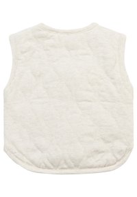 Ivorová prošívaná vesta s kulatým lemem, bez rukávů a se vzorem podlouhlých diamantových tvarů. Měkká, lehká tkanina.