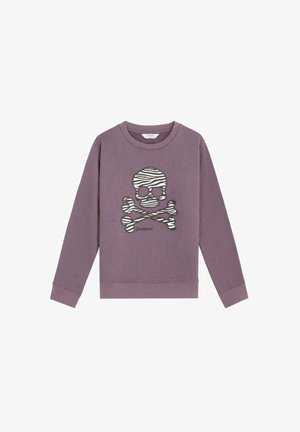 Sudadera morada con cuello y puños acanalados. Presenta un diseño gráfico de calavera con rayas de cebra y huesos cruzados en el frente.