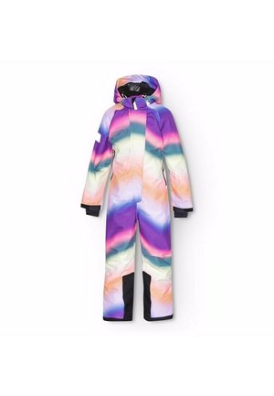Combinaison d'hiver à capuche une pièce avec un dégradé pastel multicolore en violet, rose, vert, pêche, et des renforts noirs aux chevilles et aux poignets.