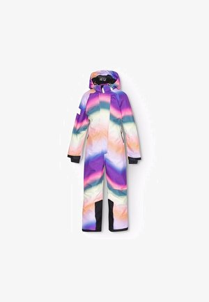 Combinaison d'hiver à capuche une pièce avec un dégradé pastel multicolore en violet, rose, vert, pêche, et des renforts noirs aux chevilles et aux poignets.