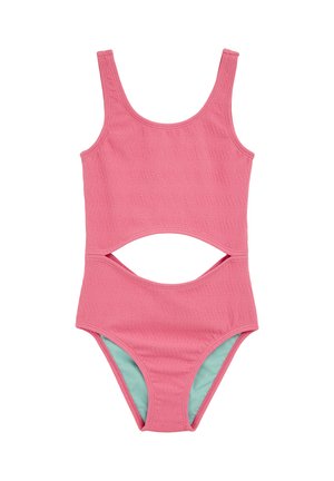Ružové jednodielne plavky s textúrou vlnitého vzoru, s výrezmi v oblasti pása a kontrastným svetlomodrým vnútorným podšitím.