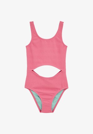 Rózsaszín egyrészes fürdőruha texturált, hullámos mintával, kivágással a deréknál és kontrasztos világoskék belső béléssel.