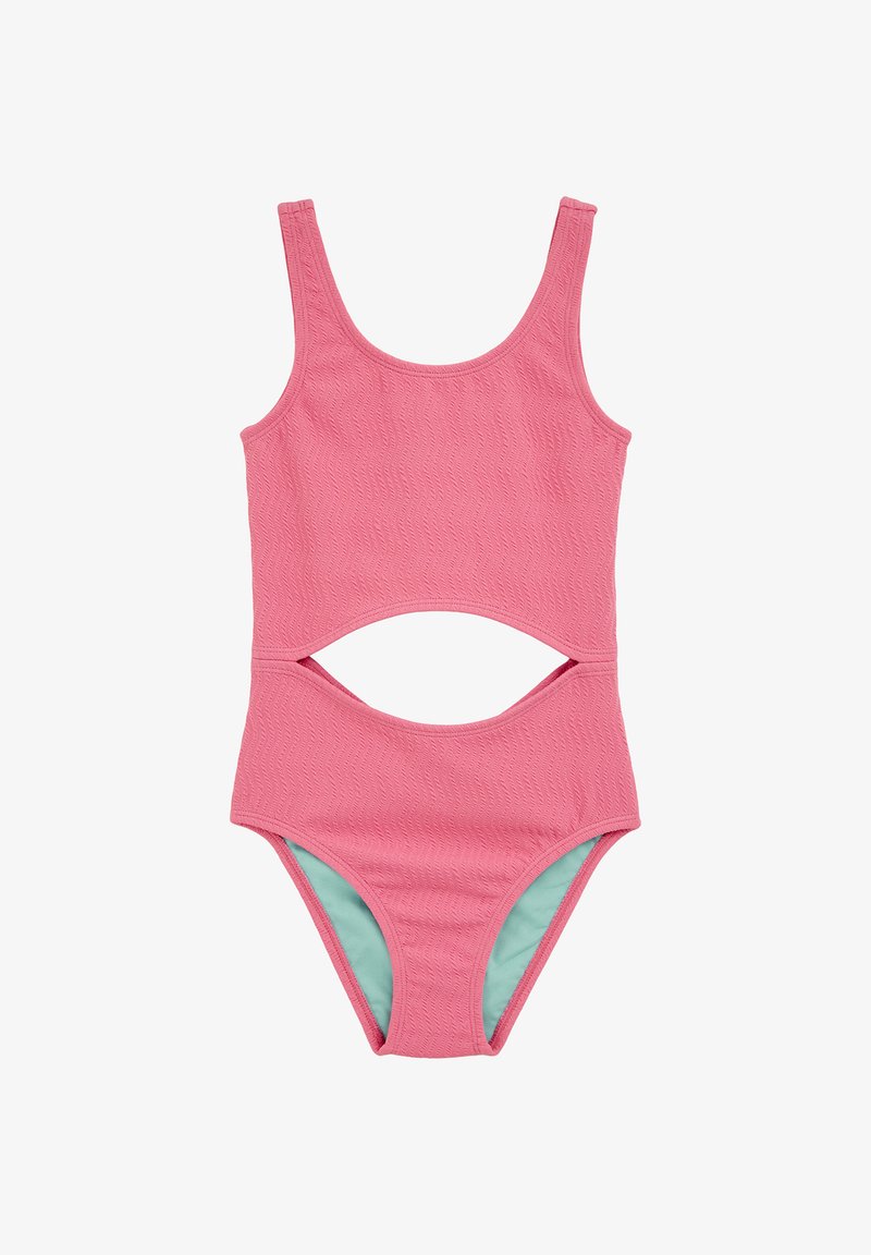 Ružové jednodielne plavky s textúrou vlnitého vzoru, s výrezmi v oblasti pása a kontrastným svetlomodrým vnútorným podšitím.