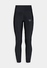 Mustad mustriga mustad spordileggingsid kõrge vöökohaga, millel on tekstuuriga disain, kontrastsed õmblused ja väike logo paremal ülemisel reiel.
