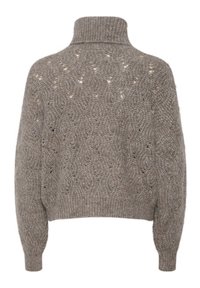 Sweter dziany z miękkiej brązowej przędzy, z wysokim kołnierzem, szerokimi rękawami oraz fakturowanym wzorem z otwartymi oczkami dla zapewnienia przewiewności.