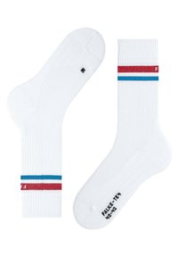Chaussettes blanches jusqu'à la cheville avec une texture côtelée et une bande colorée affichant des rayures bleues et rouges. Comprend le logo "F" et les indications de taille sur la semelle.