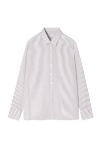 Button-up shirt in light pink and white vertical stripes, long sleeves, classic collar, soft fabric, featuring a straight hem and matching buttons.