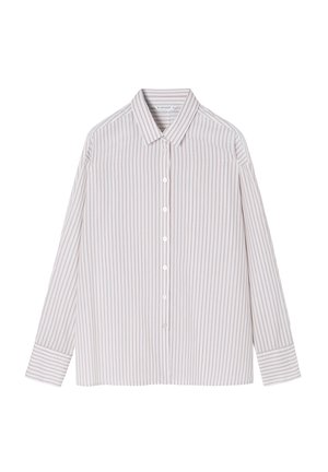 Camisa de botones en rayas verticales de color rosa claro y blanco, de mangas largas, con cuello clásico, fabricada en un tejido suave, presenta un dobladillo recto y botones a juego.