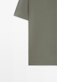 T-shirt en coton uni vert olive à manches courtes, présenté de la taille à l'ourlet sur un fond blanc.