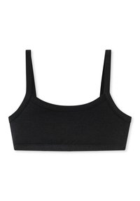 Svart bralette med en slät tygtextur, med breda axelband, rundad halsringning och utan knäppningar eller utsmyckningar.