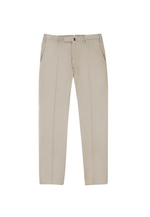 Pantaloni beige con una vestibilità su misura, dotati di due tasche frontali, design a fronte piatto e pieghe sottili lungo le gambe.