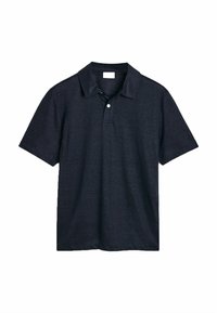 Polo bleu marine en tissu texturé, doté d'un col à revers, d'une patte de boutonnage à deux boutons et de manches courtes.