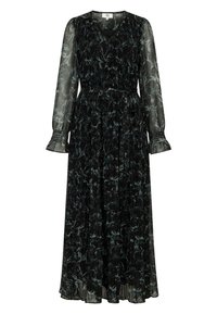 Black long-sleeve dress with a flowing design and pleated skirt. Features sheer sleeves, a V-neckline, and a marbled pattern in dark teal.