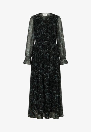 Abito lungo nero a maniche lunghe con un design fluido e gonna plissettata. Presenta maniche trasparenti, scollatura a V e un motivo marmorizzato in verde scuro.