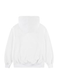 Ein schlichter weißer Kapuzenpullover mit langen Ärmeln, gerippten Bündchen und Saum, von hinten sichtbar mit angenähter Kapuze, auf weißem Hintergrund.