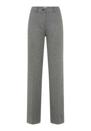 Grijze, op maat gemaakte broeken van zachte stof. Kenmerken zijn een rechte pijpdesign, knoopsluiting en subtiele textuur. Geen zichtbare patronen.