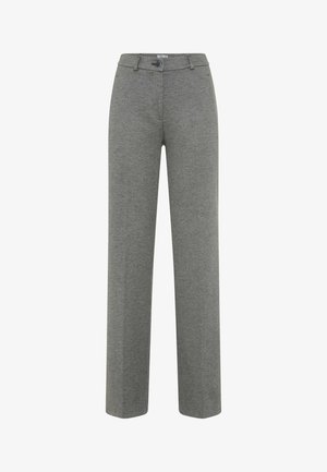 Grå skræddersyede bukser lavet af blødt stof. Har et lige ben-design, knaplukning og en subtil tekstur. Ingen synlige mønstre.