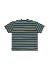 Striped T-shirt in navy, green, yellow, and cream colors. Features a crew neck, short sleeves, and a relaxed boxy shape.