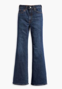 Mörkblå denimbyxor med utsvängd nederdel, fem fickor, knappstängning fram och kontrasterande sömmar. Mjuk textur med slät yta.