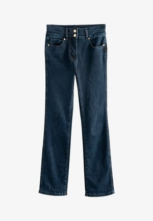 Sötétkék farmerkék, egyenes szabású designnal, amelyek elülső zsebekkel, hátsó zsebekkel és aranyszínű gombdíszekkel rendelkeznek.