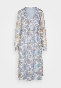 Kevyt, pitkähihaisuus mekko, jossa on V-pääntie, paisley-kuvio sinisessä, ruskeassa ja kerma värissä, vyötäröltä kiristetty ja hennoista helmasta.