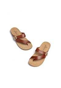 Braune Ledersandalen mit einem Design aus zwei Riemen, verstellbarem Schnallenverschluss und einer gepolsterten, hellbraunen Innensohle mit dezentem Logomuster.