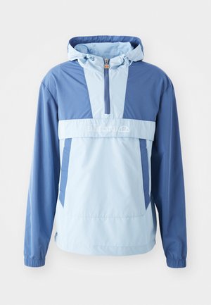 Lightweight hooded jacket in blue and light blue. Features a half-zip front, elastic cuffs, and a kangaroo pocket. Smooth texture, sporty design.