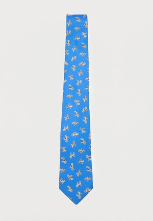 Niebieski krawat z powtarzającym się wzorem małych beżowych i czarnych biegających psów na jednolitym tle.