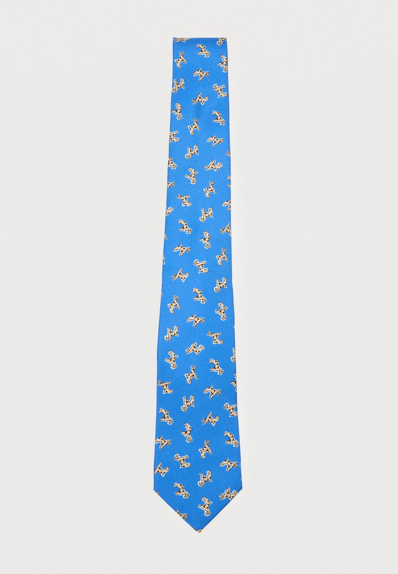Μπλε γραβάτα με επαναλαμβανόμενο μοτίβο μικρών μπεζ και μαύρων σκύλων που τρέχουν σε μονόχρωμο φόντο.