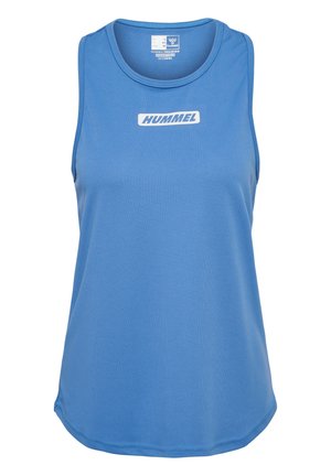 Débardeur de sport bleu sans manches avec encolure arrondie et logo blanc "HUMMEL" centré sur la poitrine.