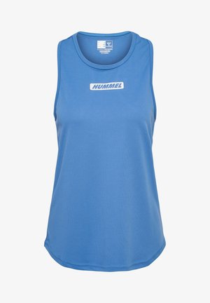 Hihaton sininen urheilullinen toppi pyöreällä pääntiellä ja valkoisella "HUMMEL"-logolla rinnan keskellä.