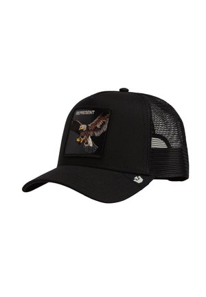 Schwarze Trucker-Kappe aus Netzstoff mit Adler-Aufnäher und dem Schriftzug "REPRESENT" auf der Vorderseite, gebogenem Schirm und verstellbarem Rückengurt.