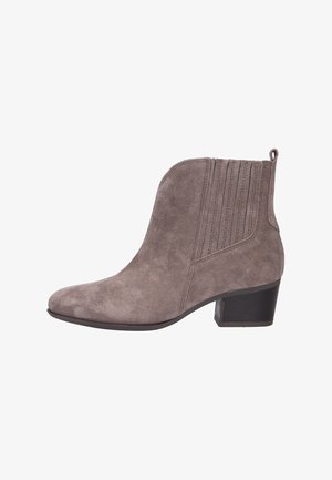 Suede ankle boot in gray with a pointed toe, elastic side panels, and a block heel, featuring subtle stitching details.